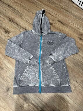 Y2K Shaun White Acid Wash Grey Hooded Zip Sweatshirt with Blue Zipper